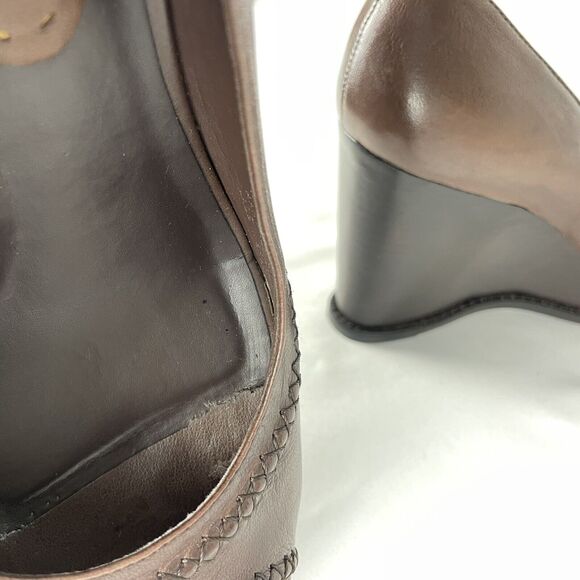 Gianni Bini Brown Leather Open Toe Wedge Heels 7.5M - Picture 7 of 7
